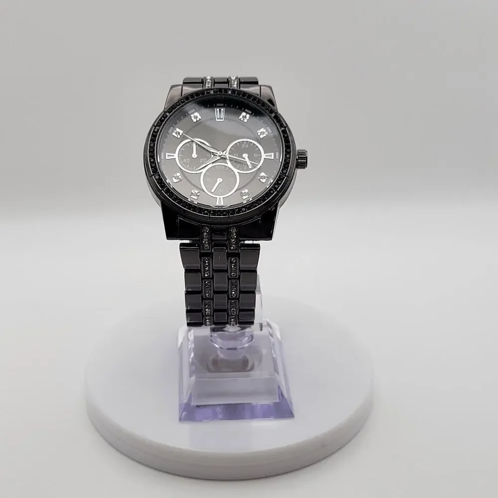Mens Gunmetal Black Crystal Chronograph Style Quartz Watch Paved Bezel Bracelet